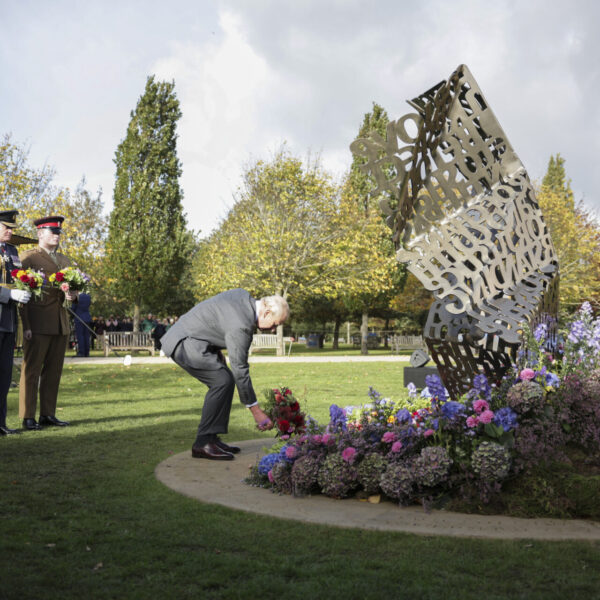 his majesty the king attends a ceremony to dedicate a new memorial to the armed forces lgbt+ community at the national memorial arboretum in staffordshire.